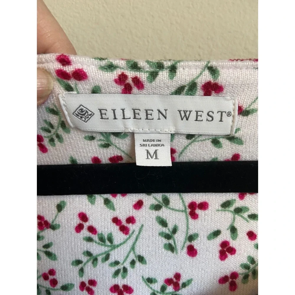 Eileen West Floral Berry Lace Trim‎ Long Sleeve Nightgown White Red Medium
